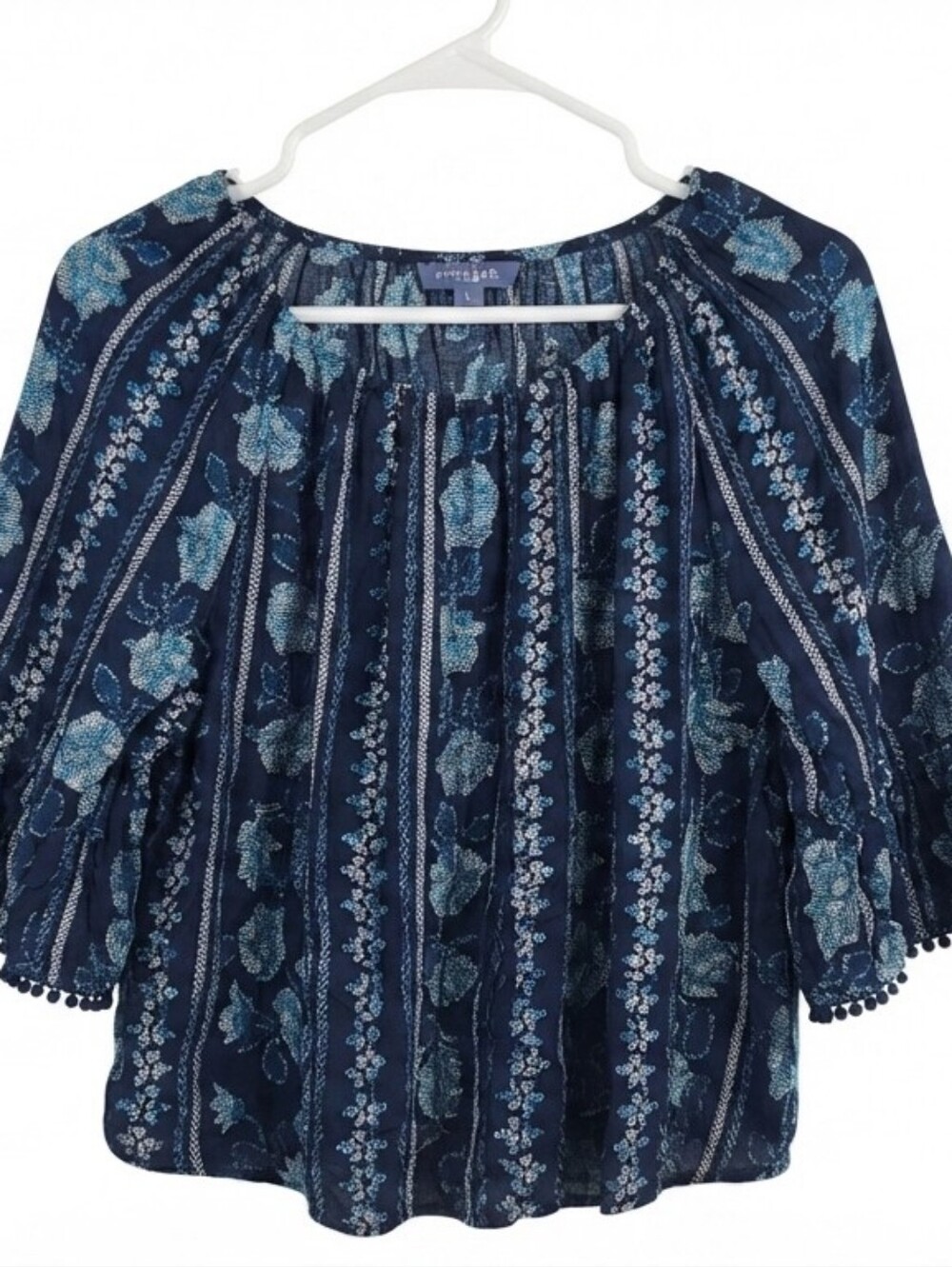 Kendra Scott Navy Blue Floral Bohemian Top Size XL 1X 3/4 Bell Sleeve Peasant